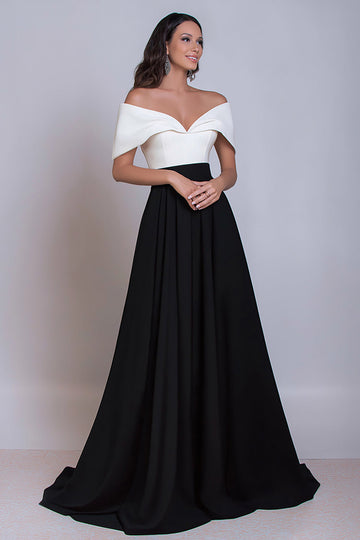 Robe longue formelle en satin noir et blanc à épaules dénudées
